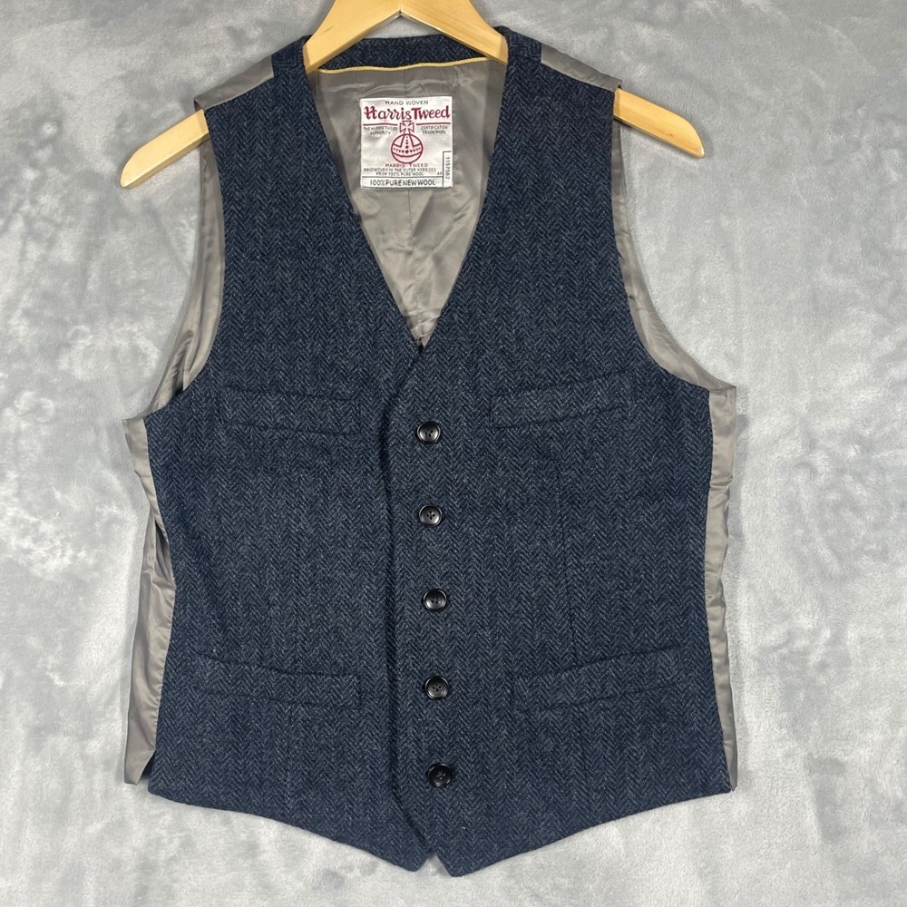 Bibury Court Harris Tweed Wool Herringbone Vest Navy Blue Waistcoat Mens 2 S